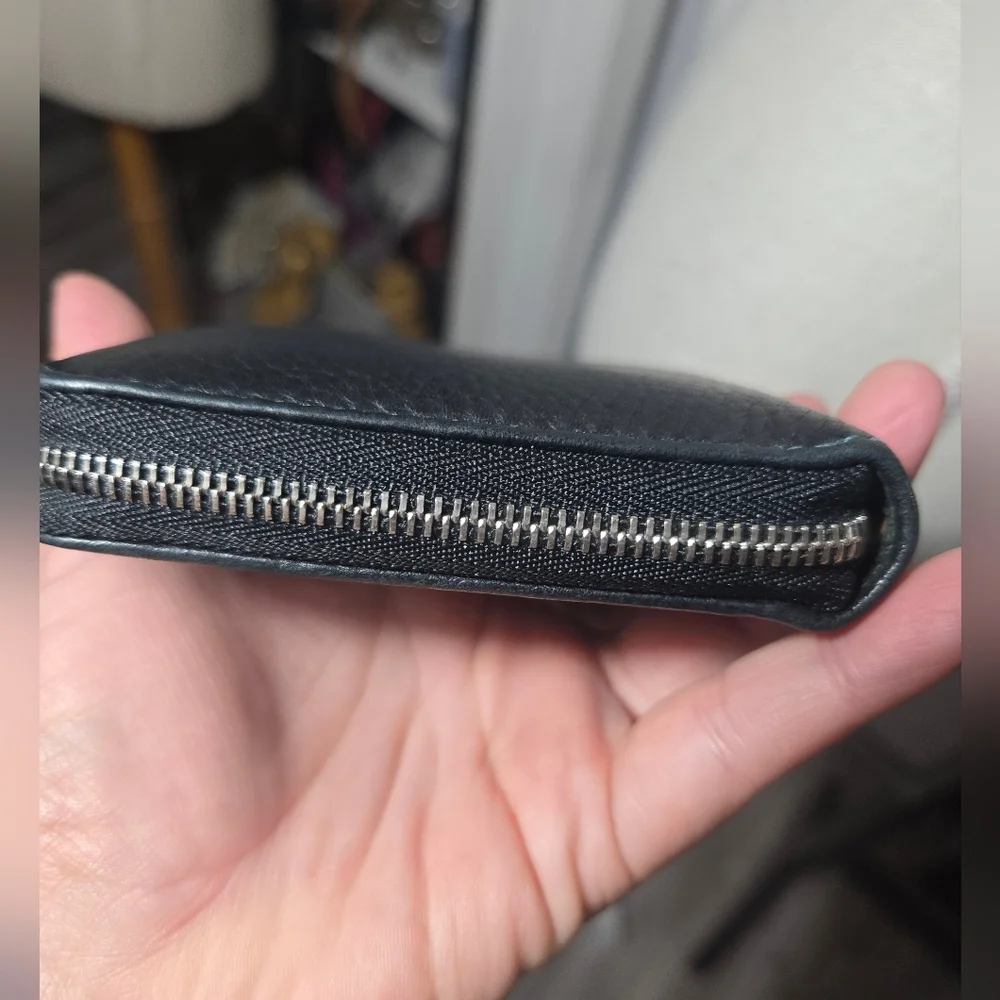 Coach Black Leather Small Wallet with Teal Stitching